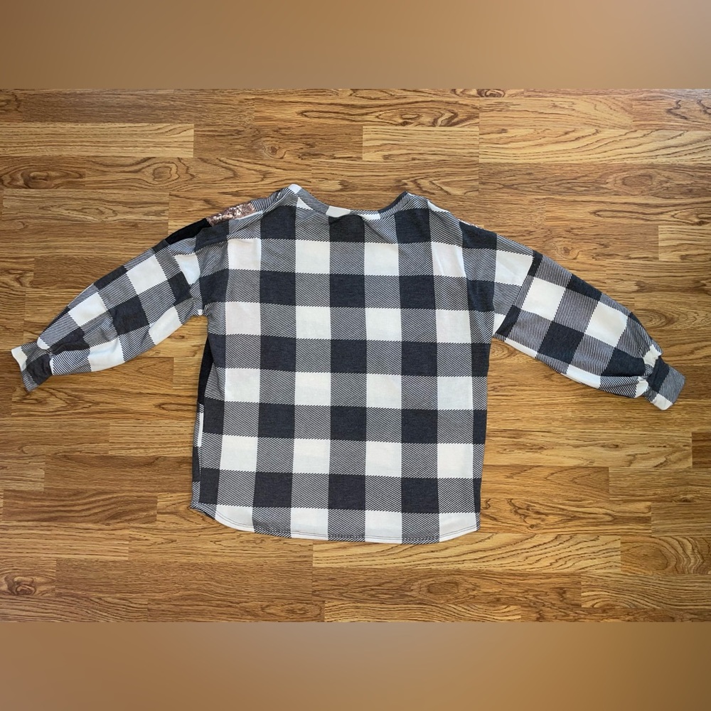 7th Ray Gracie Sequin and Plaid Top Women Medium Oversized Gray Cream Boutique - Picture 4 of 6